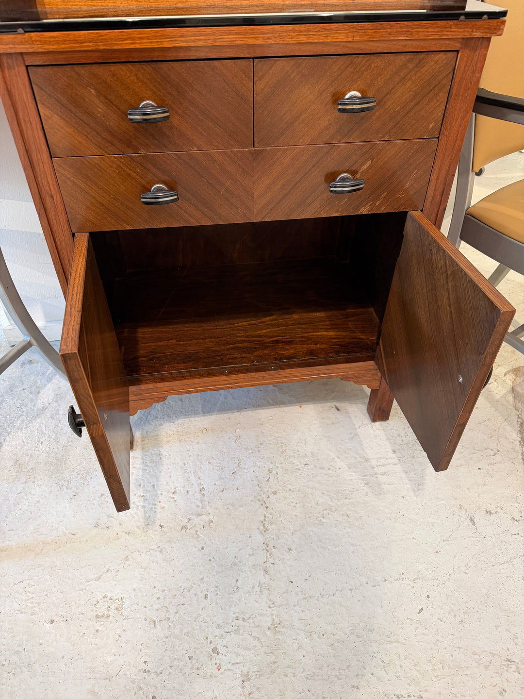 Rosewood and Oak Cabinet w/ Bakelite Handles and Glass Shelves