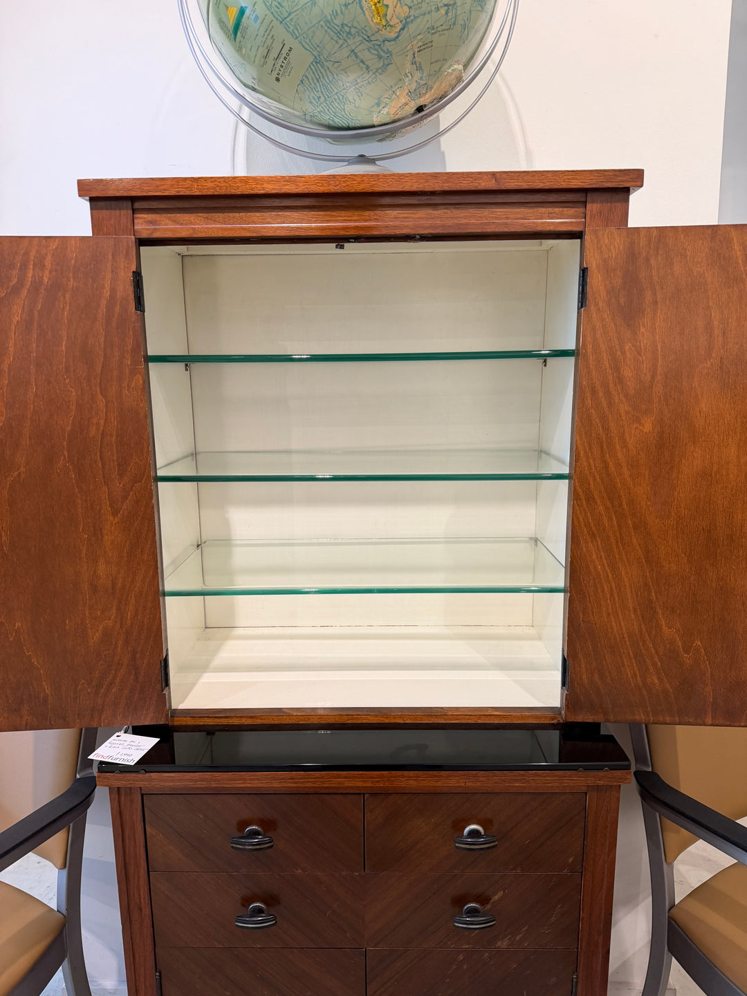 Rosewood and Oak Cabinet w/ Bakelite Handles and Glass Shelves